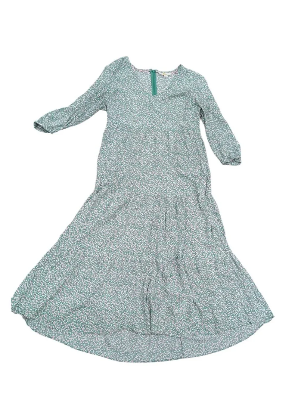 Boden Green Pink Flowers Floral Hi Low Tiered Dress Cottage Core Size 8 Petite